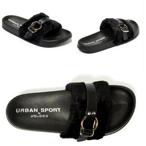 🆕 URBAN SPORT by J/SLIDES Womens Gold Buckle Slide Sandals Black Faux Fur 8 NEW